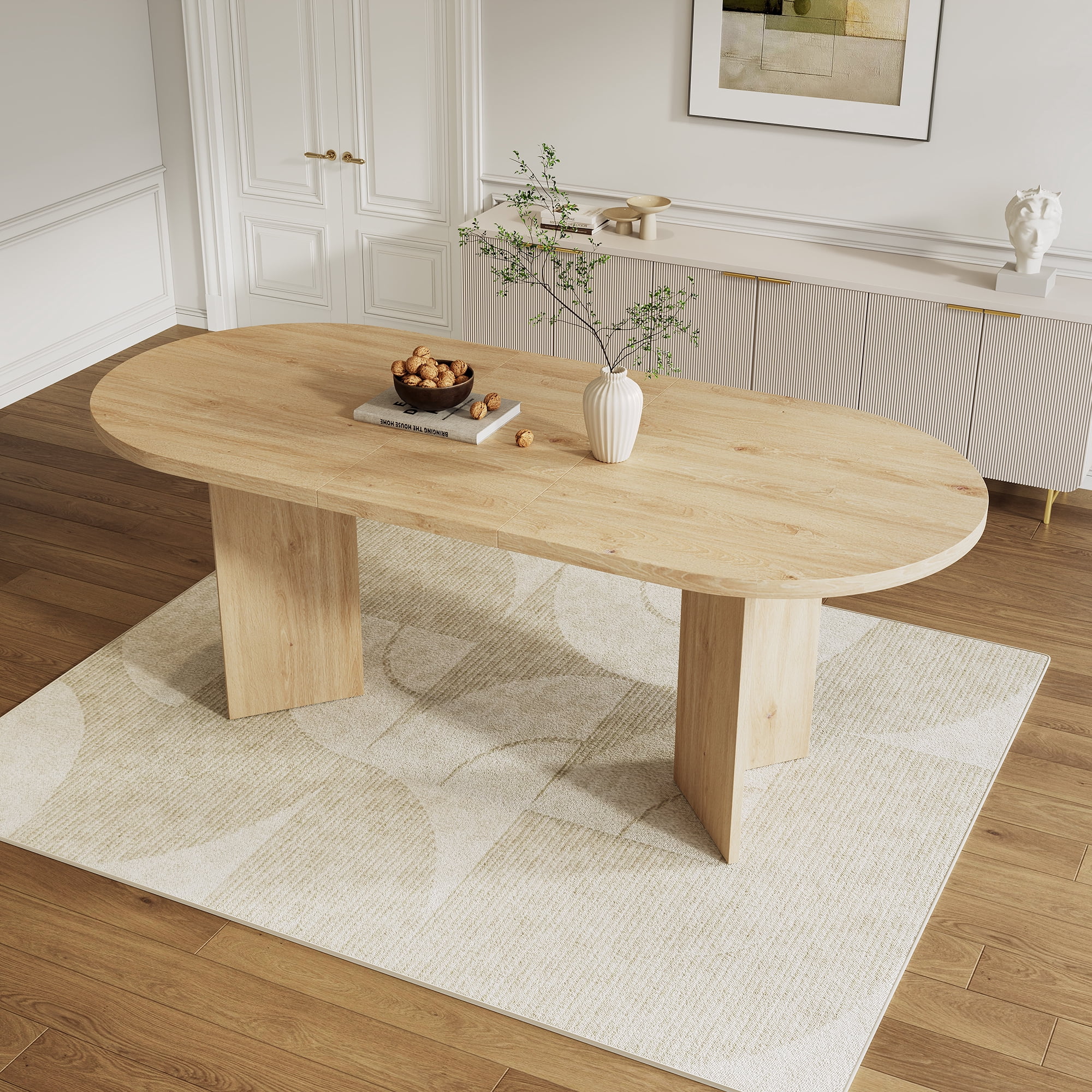 Noble House 79" Large Oval Dining Table for 6-8,Wood Grain Finish with Double Pedestal Base,Contemporary Dining Room Table,Oak