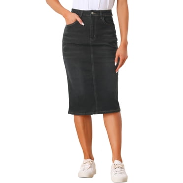 Unique Bargains Women's Denim Skirt High Waist Split Back Midi Skirts Black L