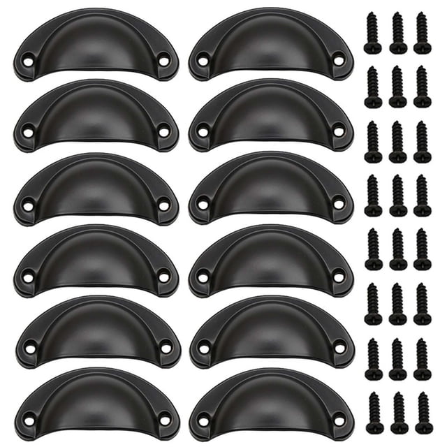 A set of 12 classical cup handle pulls for kitchen cabinets, cupboards, and drawers, featuring a brushed antique brass finish. Each handle has a semi-circular design with two mounting holes and comes individually packaged with screws for easy installation. Suitable for various furniture, including wardrobes, dressers, and doors.