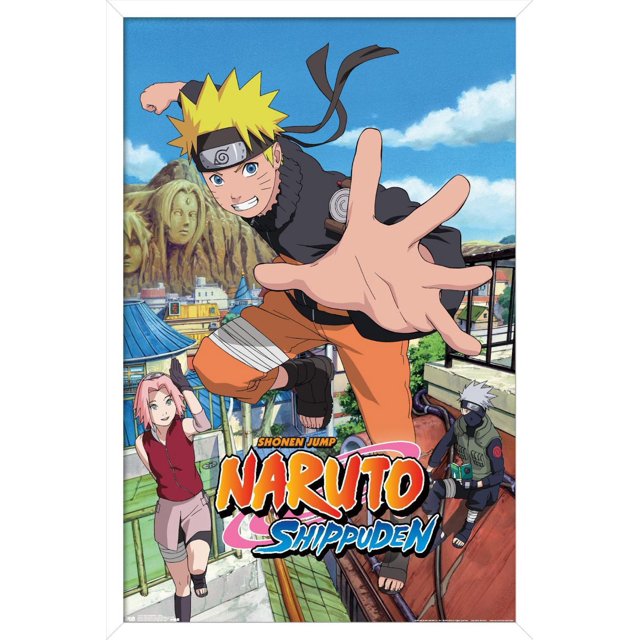 Naruto Shippuden - Affiche Murale « Jump », 22,375 Po x 34 Po, Présentant des Personnages d'Anime en poses Dynamiques de Naruto Shippuden avec un Arrière-Plan de village Détaillé et un Ciel Bleu, Imprimée sur Papier Lustré, Convient à la Décoration Murale de Chambre Ou de Bureau.