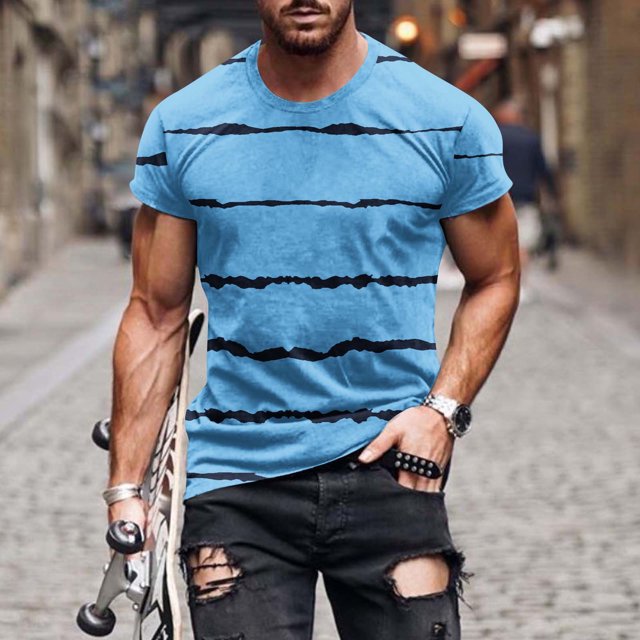 Qertyioot Chemises Hawaïennes pour Hommes en Solde, Col Rond Rayé Imprimé Pull Entraînement Physique Manches Courtes