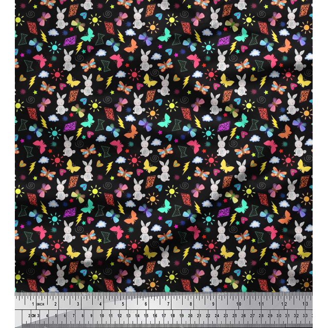 Soimoi Voile de Coton Noir Tissu Soleil, Insectes et Rabbit Imprimé Dessin Animé Tissu au Mètre 56 Pouces de Large