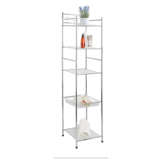Era Lianna 5 Tier Storage Tower with chrome finish, featuring five open shelves including a wire basket shelf, measuring 13 by 13 by 61 inches, ideal for organizing bathroom, kitchen, or laundry essentials like towels, toiletries, and plants, suitable for modern and contemporary decor.