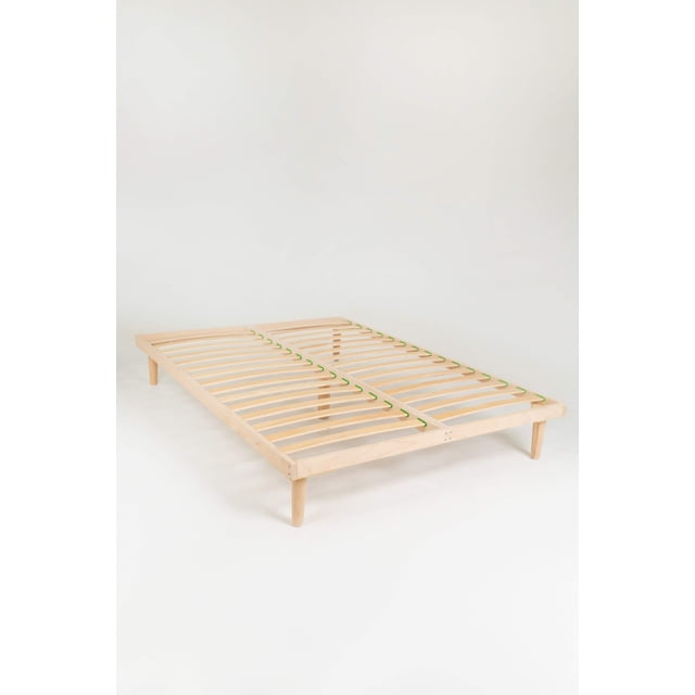 CHK Furniture 11 inch Beechwood Platform Bed Frame, crafted from durable beechwood with a slatted base that eliminates the need for a box spring. Features wooden spring-slat technology for noise-free support and under-bed storage, perfect for modern bedroom furniture or Scandinavian aesthetic designs. Displayed in a natural wood finish against a white background.