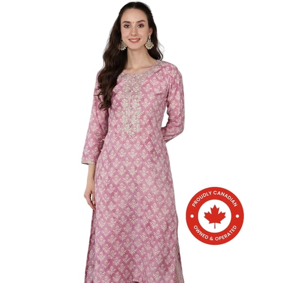 DWEEP SARA Women's Pink Silk Blend Embroidered Straight Kurta with Ethnic Motifs – Festive & Traditional Wear | 3/4 Sleeves | Elegant Indian Tunic 3XL/46