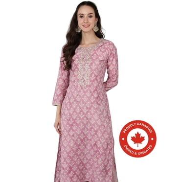 DWEEP SARA Kurta Droit pour Femmes en Mélange de Soie Rose Brodé avec Motifs Ethniques – Tenue Festive et Traditionnelle / Manches 3/4 / Tunique Indienne Élégante 3TG/46