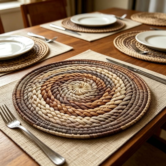 Hand Woven Rattan Placemats Set Of 6, 14.96 Inch Round Heat Resistant Table Mats, Boho Farmhouse Wicker Charger Plates For Dining Table Kitchen Decor