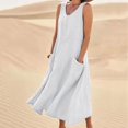 thumbnail image 2 of CHOK Robes Soleil Femmes Été Décontracté Sans Manches Lin Coton Fluide Poche Longue Maxi Robes d'Été pour Femmes Couleur Unie Grande Taille Robe pour Femmes Col en V Robe de Collation des Grades, 2 of 8