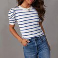 thumbnail image 2 of Birdeem Hauts en Tricot à Manches Courtes Bouffantes pour Femmes T-Shirts à Col Rond Rayés Tendance Blouses d'Été Décontractées, 2 of 12