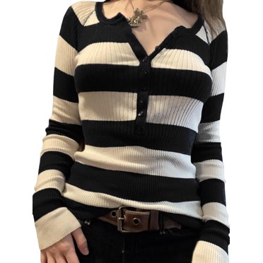 Women Long Sleeve Knit Tops Stripes 1/2 Button V Neck Pullover Slim Shirt Y2k Aesthetic Spring Autumn Tee