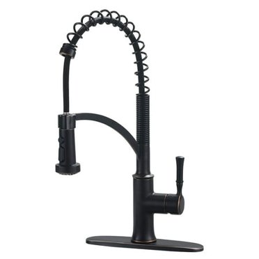 GUUKAR Robinet de Cuisine en Bronze avec Pulvérisateur à Descente, Robinet d'Évier de Cuisine en Bronze Huilé à une Seule Poignée, Arc Élevé, Style Commercial Farmhouse, avec Plaque de Comptoir