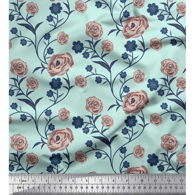 Soimoi Tissu en Coton Cambric Feuilles & Roses Imprimé Floral 1 Yard 56 Pouces de Large