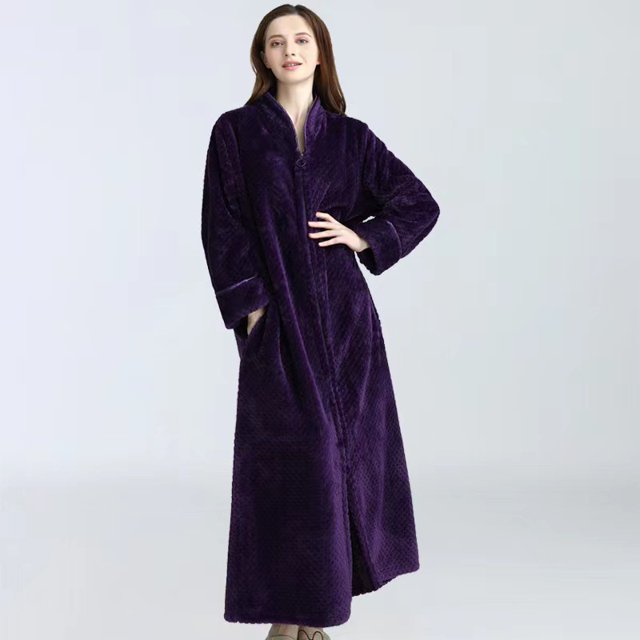 Ladies Zip Fleece Waffle Long Dressing Gown Fluffy Towelling Bathrobe Sleepwear