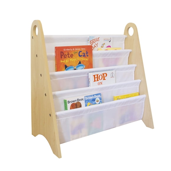Wildkin Kids Modern Sling Bookshelf for Boys and Girls, Wooden Design Features Two Top Handles and Four Fabric Shelves, Helps Keep Bedrooms, Playrooms, and Classrooms Organized (Natural and White)