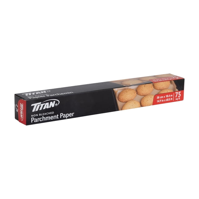 TITAN Non-Bleached Parchment Paper box in black and red packaging, showing 75 sq ft size and an image of baked cookies on parchment paper, suitable for oven-safe food wrap and mess-free baking.