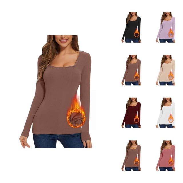 Womens Long Sleeve Tops 2026 Fall Winter Basic Square Neck Fitted Breathable Undershirt T Shirt