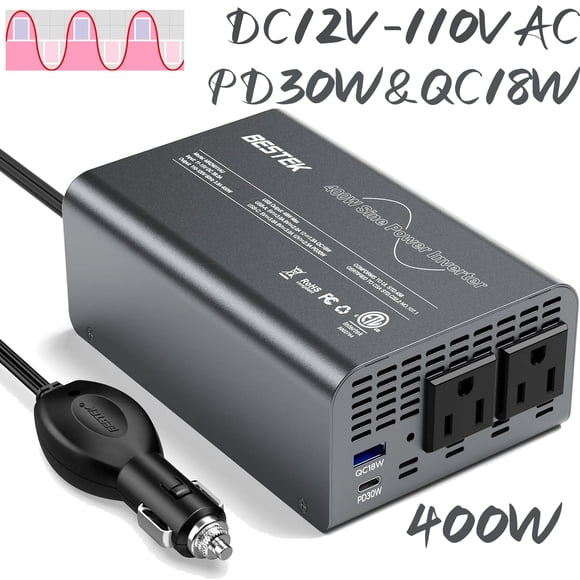 BESTEK Onduleur à Onde Sinusoïdale Pure 400W - Convertisseur CA CC 12V vers 110V, Adaptateur de Charge Rapide pour Voiture avec Prise CA 30W USB-C/18W Charge Rapide/double Prise CA 110V, Adaptateur de Prise pour Voiture pour Ordinateur Portable