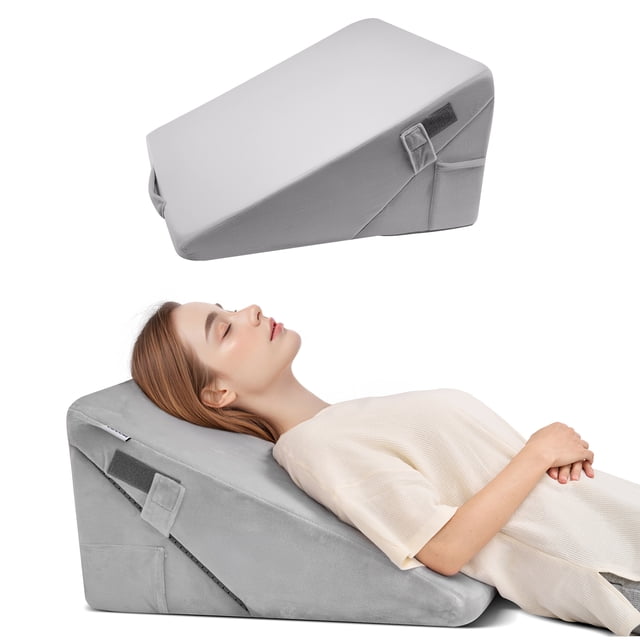 VEVOR Orthopedic Bed Wedge Pillow in light gray velvet fabric, designed for ergonomic support and relief from snoring, acid reflux, and back pain. Made with 25D high-density foam and featuring adjustable hook and loop fasteners, a side pocket, and a handle for portability. Suitable for sleeping, reading, or post-surgery recovery, the image shows the pillow in use, providing comfort and stability.