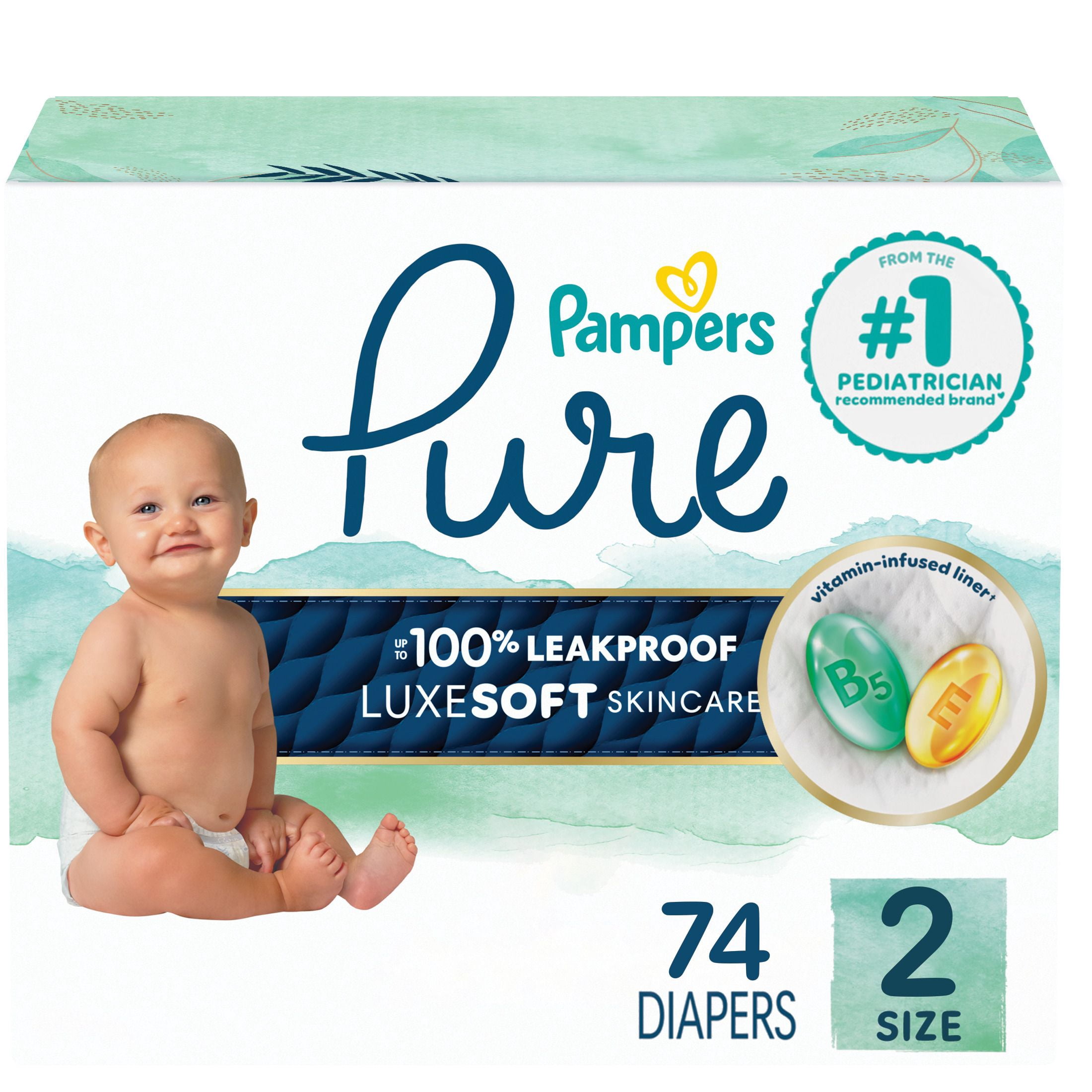 Pampers Pure Baby Diapers, Size 2 (12-18 lbs), 74, Up to 100% Leakproof, Premium Hypoallergenic Soft Diapers