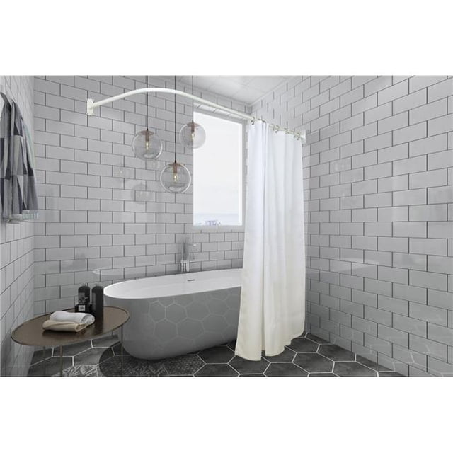 Utopia Alley LR1WW 68x28 in. rustproof L-shaped corner shower curtain rod in white, installed in a modern bathroom with white subway tile walls and a freestanding bathtub. The rod wraps around the corner, ideal for partially enclosed tubs or showers. Made of durable aluminum, it is rust-free and includes two mounting brackets with screws for secure installation. The rod measures 68 inches in length and 28 inches in width, with a 1-inch diameter tube, and can be cut for a custom fit.