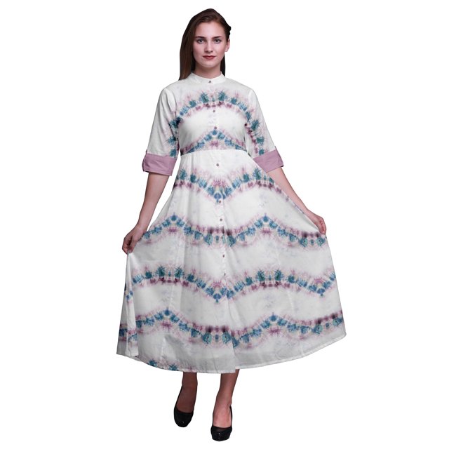Bimba Robe pour Femmes à Manches Retroussables Imprimée Teinture sur Nœuds, Col Mandarin, Chemise Boutonnée - X-Grand