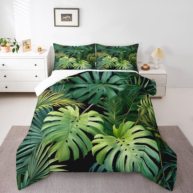Palm Leave Queen Comforter Set,Tropical Palm Bedding Set,Botanical Palm Leaves Down Comforter,Wild Plants Bed Set