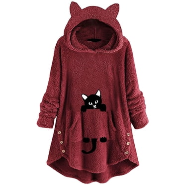 Fleece Blanket Hoodie Long Hoodie Dress Women Cute Pattern Winter Cat Ear Fleece Fuzzy Hooded Blanket Dress Plush Tops For Teen Girls