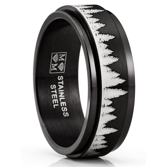 Men's Stainless Steel Forest Trees Spinner Fidget Ring Anxiety Band Outdoor 8MM