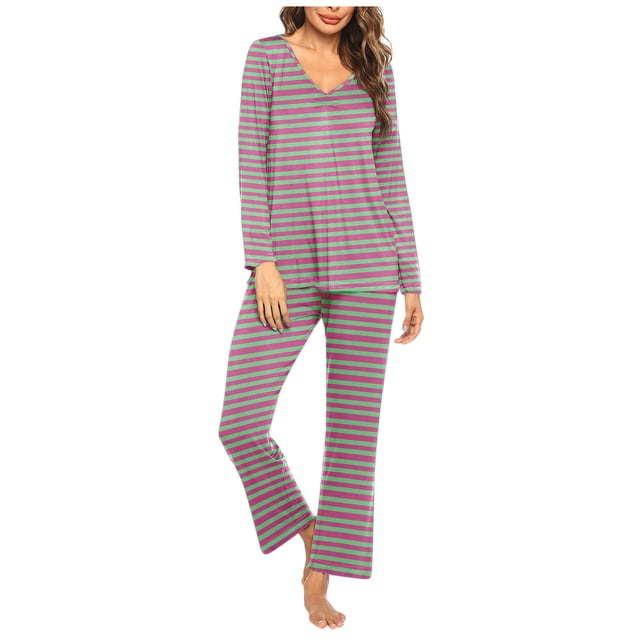 Timegard Pajamas Sets for Women 2 Piece Stripted Long Sleeve V Neck Ruched Top and Pants Fall Pjs Outfits