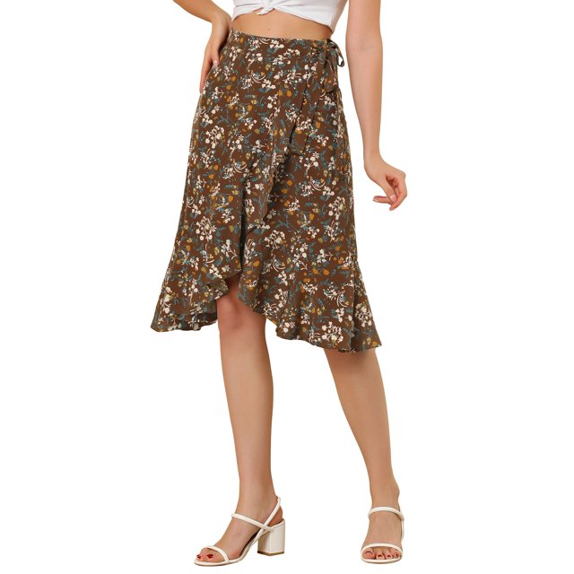 Unique Bargains Jupe Portefeuille à Volants Évasée Taille Haute Basse à Fleurs pour Femmes