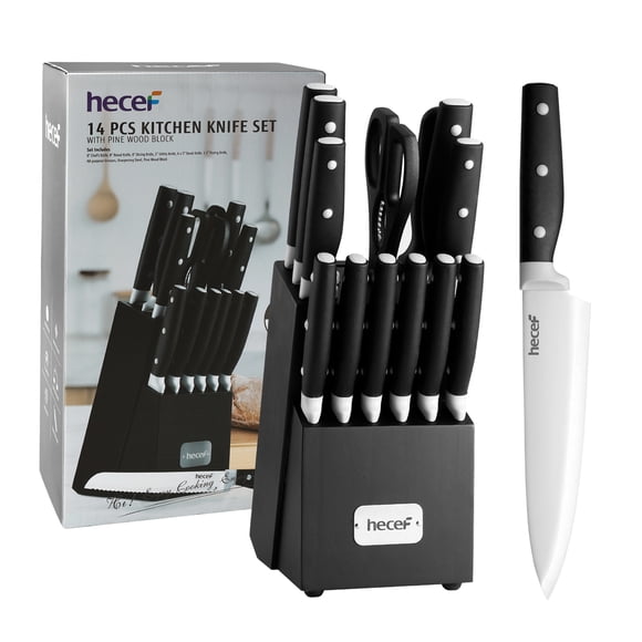 Hecef Ensemble de 14 Pcs de Blocs de Couteaux Ensemble de Couverts en Acier Inoxydable à Haute Teneur en Carbone avec Couteaux à Steak de Chef