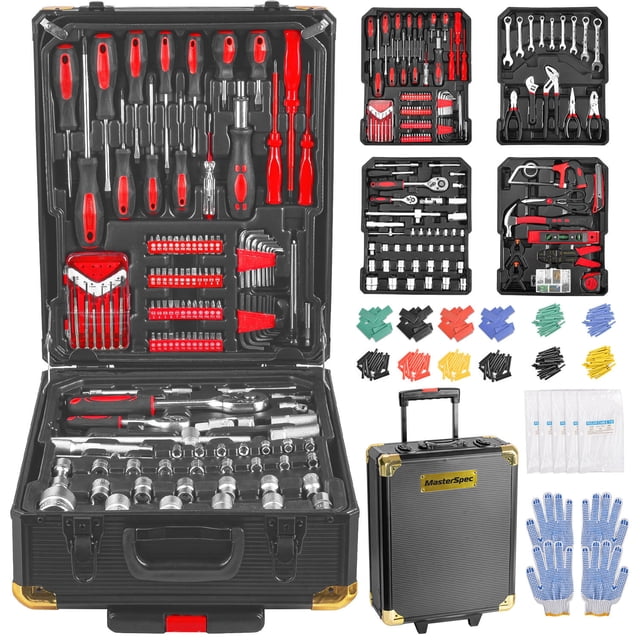MasterSpec Ensemble d'Outils Professionnel 1180 Pcs Étui en Aluminium Ensembles d'Outils avec Boîte à Outils Roulante. Cet Ensemble Complet Comprend 1180 Pcs Telles Que Marteaux, Tournevis, Pinces, Clés, et Plus, le Tout Bien Organisé dans un Étui de Transport en Aluminium durable. la Boîte à Outils Comprend des Tiges de Traction et des Rouleaux pour une Portabilité Facile, la Rendant Adaptée à une Utilisation Intérieure et Extérieure. Comprend une Paire de Gants pour la protection des Mains Lors des Réparations.