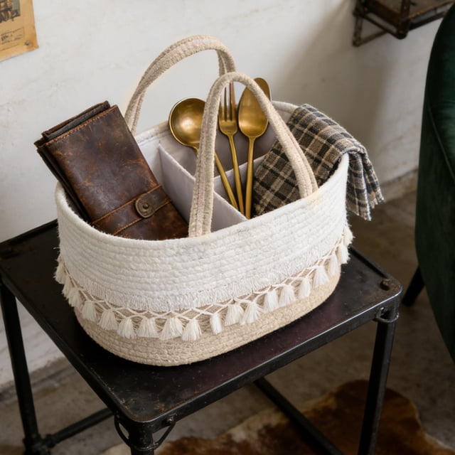 EGNMCR Storage Bins, Storage Containers Diaper Basket Toy Storage Basket Storage Basket Tassel Handheld Basket Hand Woven Divided Detachable Portable Cotton storage basket