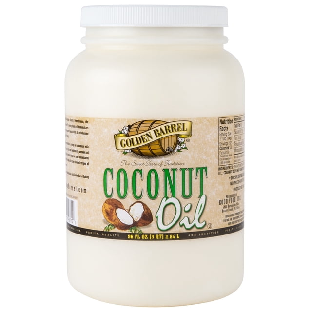 Golden Barrel 96 oz (6 lb) Huile de Noix de Coco dans un Grand Contenant en Plastique avec Couvercle à Vis. l'Étiquette Présente le logo Golden Barrel, une image de Noix de Coco et des Détails sur le Produit. Idéale pour la Cuisson, la Pâtisserie, la Friture et la Préparation de Maïs Soufflé, Cette Huile de Noix de Coco Raffinée, Inodore et Sans Odeur a un point de Fumée Élevé de 400 °F et Est Naturellement Sans Gras Trans.