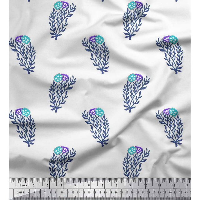 Soimoi Silk Fabric Leaves & Floral Block Decor Fabric Printed Yard 42 Inch Wide