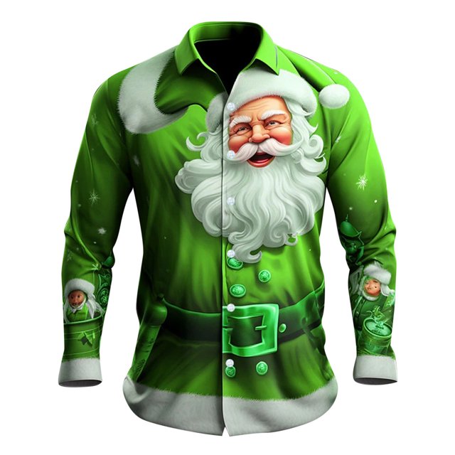 Kcodviy Chemise à Boutons à Manches Longues pour Homme de Noël Père Noël Numérique Chemise à Boutons Imprimée 3D Col à Revers avec Chemise Chemise à Manches Longues Haut