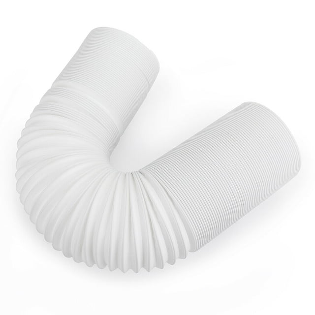 Exhaust Hose 5 Inch Diameter Universal for Portable Air Conditioner Replacement Parts. A white, flexible plastic hose with a ribbed design, shown in a coiled position. Designed for universal compatibility with various air conditioners, it measures 79 inches in length and has an inside diameter of 5.12 inches. Durable and easy to install, it ensures low friction loss and prevents air leakage when properly connected.