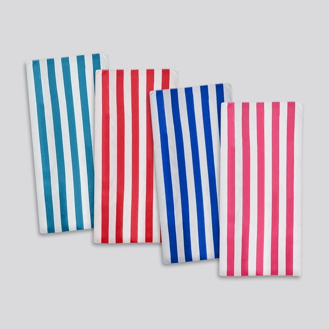 Mainstays Serviettes de Plage à Rayures Cabana, Lot de 4, avec Rayures Verticales Multicolores en Sarcelle, Rouge, Bleu et Rose sur Blanc, Tissu 100 % Coton, Chaque Serviette 30 x 60 Pouces, Disposée Côte à Côte sur un Fond Gris Pâle, Douce et Absorbante, Lavable à la machine, Convient pour la Plage, la Piscine Ou la Cour Arrière.