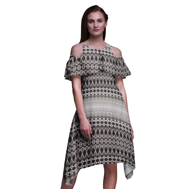 Bimba Robe Droite Évasée à Épaules Dénudées pour Femmes, Grise, Imprimée Teinture sur Nœuds, à Volants devant - XXX-Large