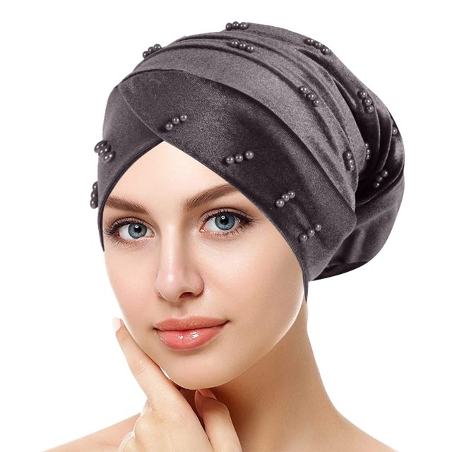 Womens Large Elastic Solid Color Comfortable Flat Hat Pearl Cap Nail Bead Pile Cap