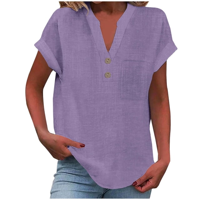 T-Shirts Femmes Plus Mode Décontractée Col en V Boutonné Manches Courtes avec Poches - Hontri