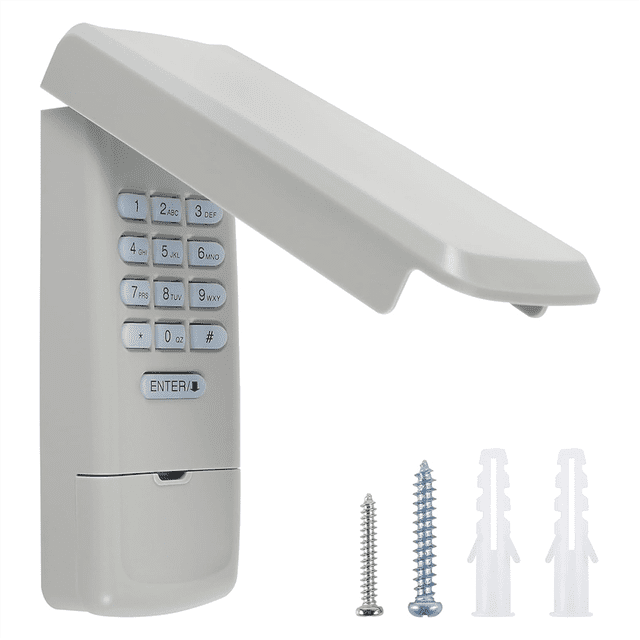 Garage Door Opener Keypad, Wireless Keypad Keyless Entry Compatible for 877MAX 377LM 977LM, featuring rolling code technology and wireless programming. Light grey plastic design with backlit buttons and a protective cover. Includes screws and wall anchors for installation.