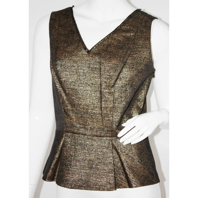 TAHARI Addyson PEPLUM Black Gold TOP Lined METALLIC Shirt $198 M