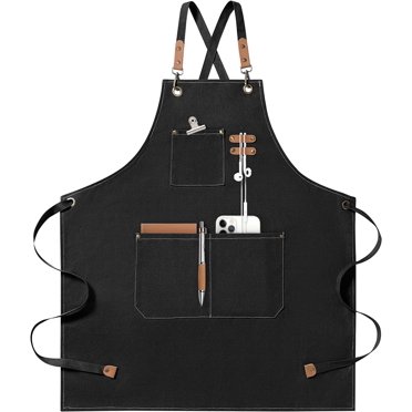 Chef Apron for Men and Women with Large Pockets , Canvas Cross Back Cotton Work Aprons,Size M to XXL, Black