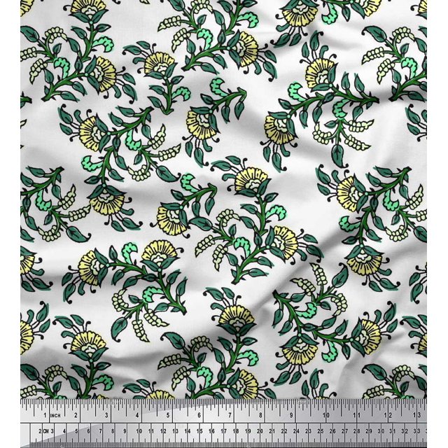 Soimoi Moss Georgette Fabric Leaves & Floral Block Decor Fabric Printed Yard 42 Inch Wide