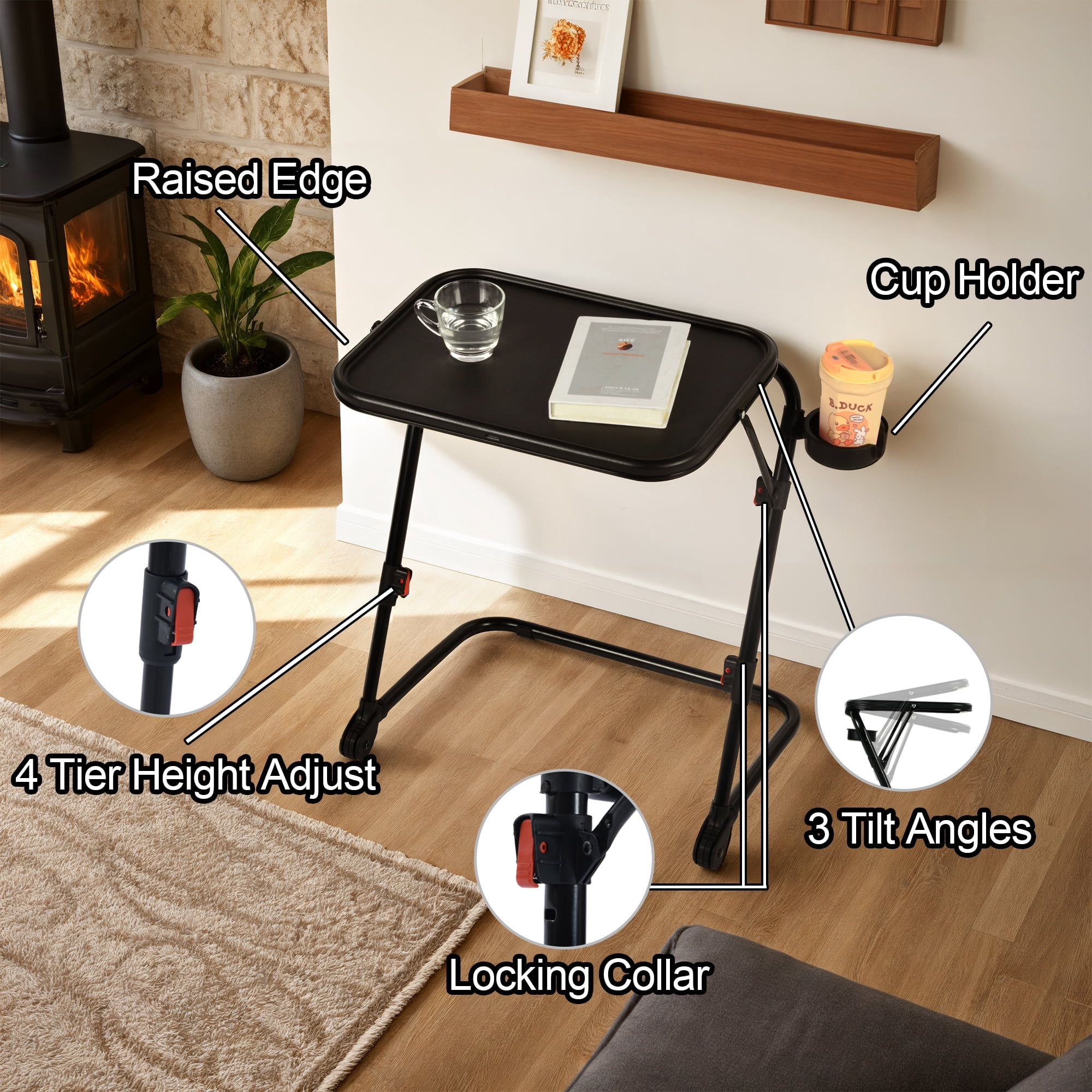 Homy Casa table plateau pliante 1 pièce 21,26 po, hauteur réglable avec porte-gobelet pour canapé-lit, noire