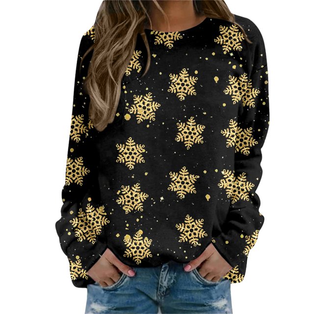 Bmisegm T-Shirt à Manches Longues Col Rond pour Femmes, Imprimé, Noir m