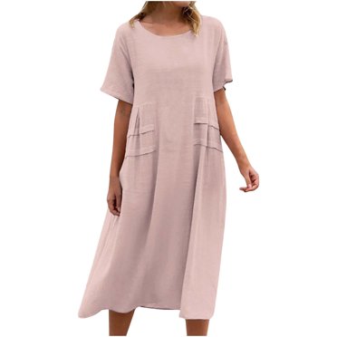 yoeyez Robes en Coton et Lin pour Femmes pour l'Été, Robes Unies à Col Rond pour Dames, Coupe Ample, Manches Courtes, Robe Midi de Plage Décontractée Évasée Rose, m