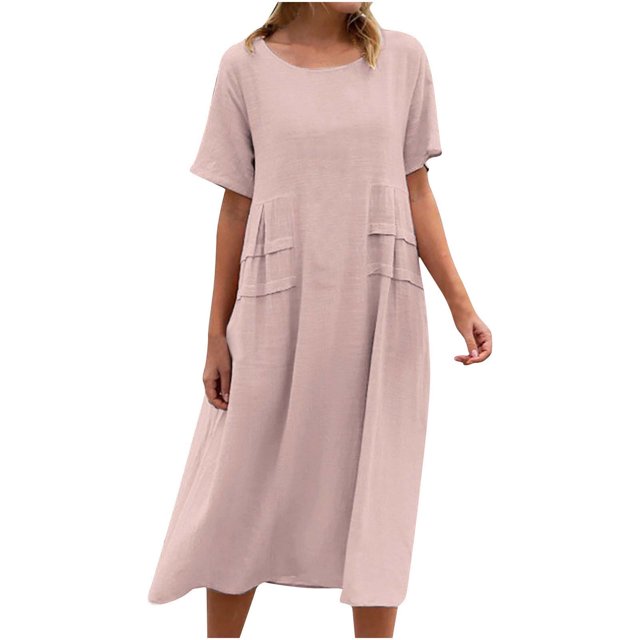 yoeyez Robes en Coton et Lin pour Femmes pour l'Été, Robes Unies à Col Rond pour Dames, Coupe Ample, Manches Courtes, Robe Midi de Plage Décontractée Évasée Rose, m