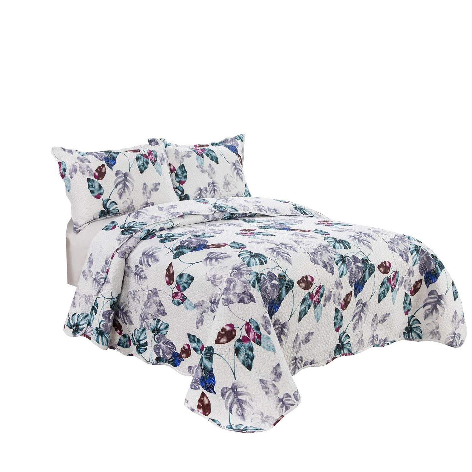 Marina Decoration Rich Printed Embossed Pinsonic Coverlet Bedspread Ultra Soft Bedding Summer Quilt Set with Shams, Modern Green Leaves Pattern